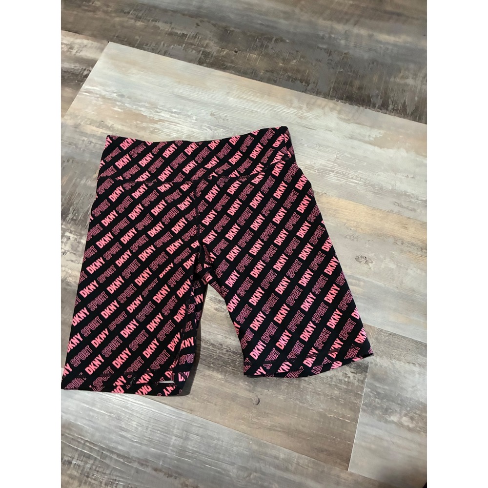 DKNY Sport Womens Pink Black All Over Logo Print Bike Shorts Large